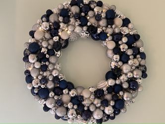 23” Navy & Silver Hanukkah Winter Ornament Wreath – Elegant Metallics – LED Lighted