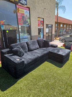 Brand New Sectiional Corduroy Fabric Compress Set With Cup Holder 110 × 67 Chaise $379