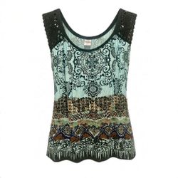 Y2K Lila Printed Sleeveless Tank Top with Crochet Lace Straps
