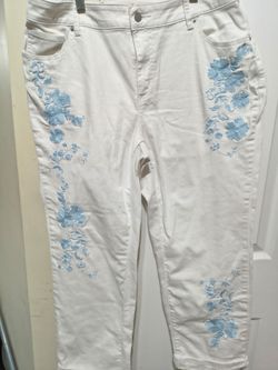 White Jeans with Blue Floral Embroidery
