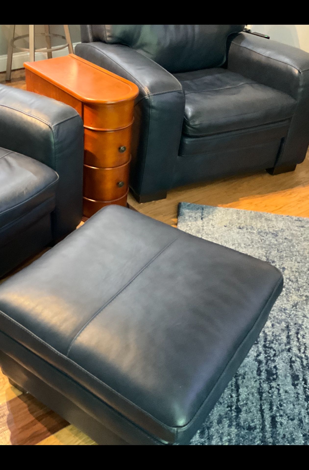 Leather Navy blue club chairs, ottoman Side table
