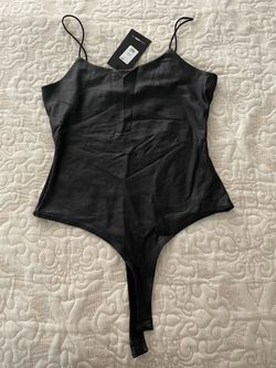 Black Faux Leather Thong Bodysuit size M