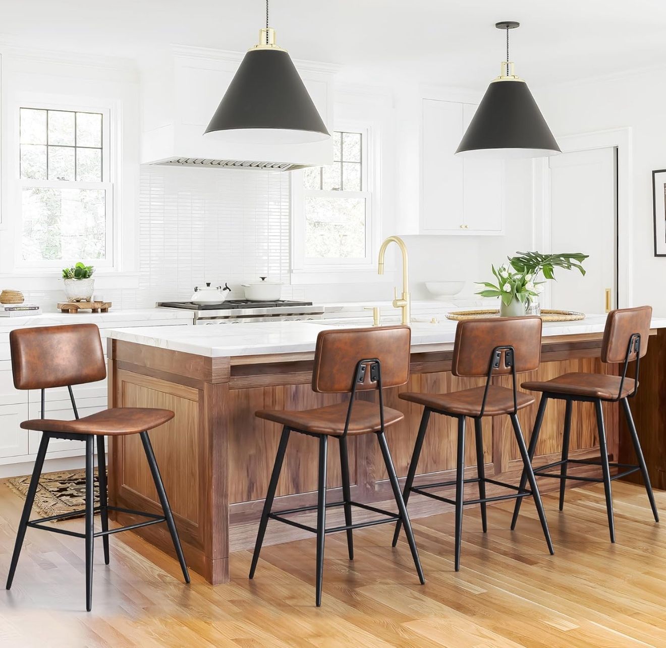 24.5" Red Brown Bar Stools Set of 4, Faux Leather Upholstered Counter Height Bar Stools with Backs, Metal Footrest and Legs, Armless Bar Chairs for Ki
