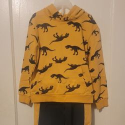 H&M Boy's Blue Sweat Pants With Yellow/ Printed Dinosaur Hoodie Size Small Ages 6-7 Years Old 