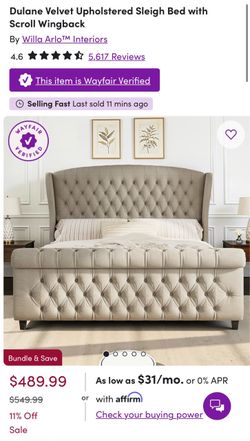 Dulane Velvet Upholstered Sleigh Bed with Scroll Wingback