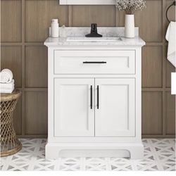 Doveton 30 in. Single Sink Freestanding White Bath Vanity with White Engineered Marble Top (Assembled)