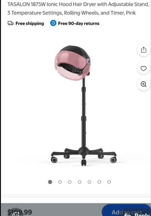TASALON 1875W Ionic Hood Hair Dryer with Adjustable Stand, 3 Temperature Settings, Rolling Wheels, and Timer, Pink