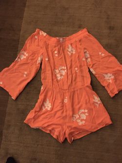 New coral off the shoulder embroidered romper size Small