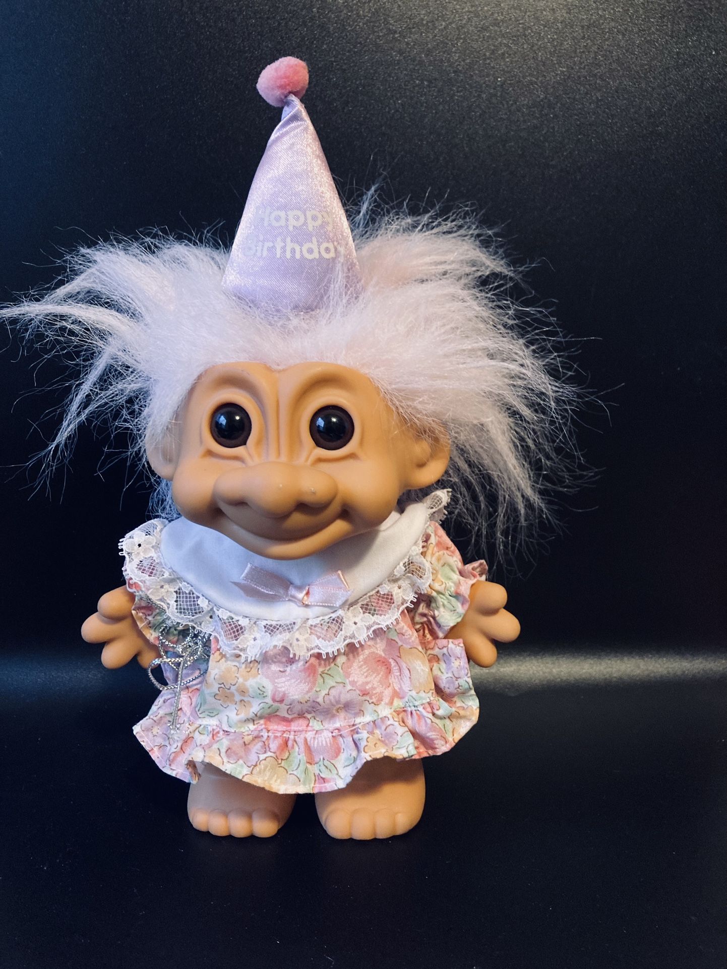 RUSS Vintage Toy Troll Gnome Doll Birthday Party Girl Pink Hair Dress Hat