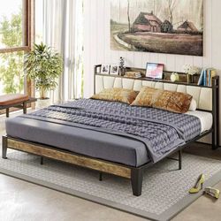 King Bed Frame, Storage Headboard with Charging Station, Solid and Stable，Beige