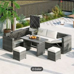 Outdoor 6 Piece All Weather PE Rattan Sofa Set Garden Patio Wicker Combo Furniture Set with Adjustable Seat Storage Box Removable Cover and Tempered G