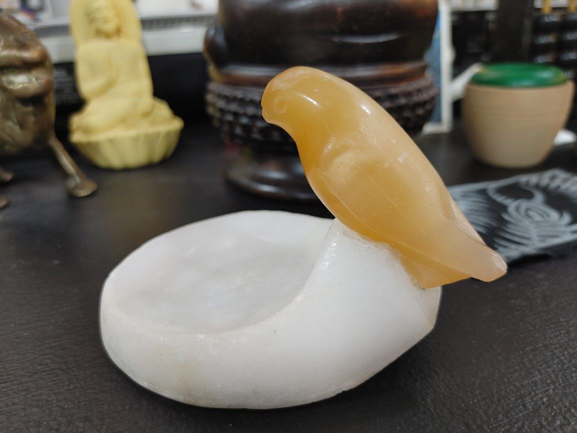 Vintage Selenite & Marble Catch All Jewelry Tray Dish Ashtray Russian USSR Love Bird Motif
