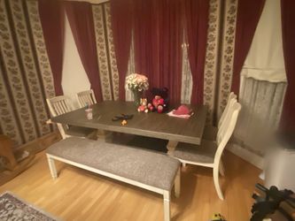 OM• $38 Initial • Brand New Dining Table, Chairs and Bench