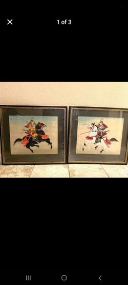 TWO FRAMED VINTAGE JAPANESE SAMURAI WARRIOR ON SILK PAINTINGS