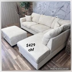 Beige Corduroy Sectional Sofa With Storage Ottoman 