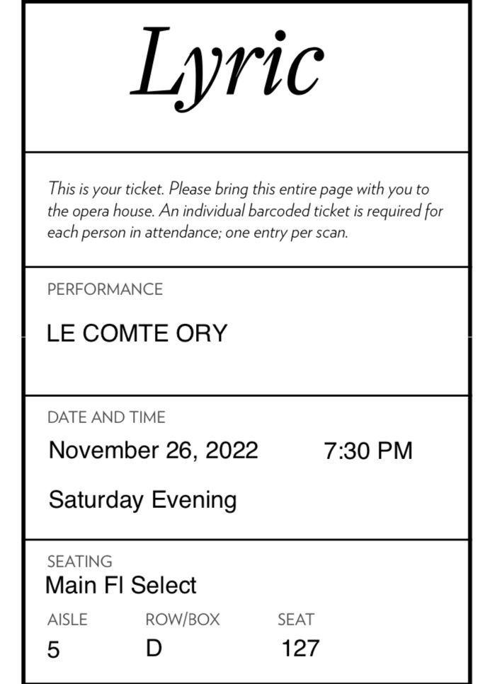 11/26/22, 2 Lyric Opera Tickets For sale-low price