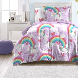 Girls Twin Bedding Set and Bonus Blanket + Sheets Magical Purple Unicorn Rainbow