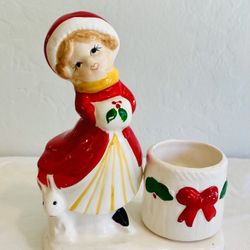Ceramic Vintage Christmas Girl and Rabbit Candle Holder Votive