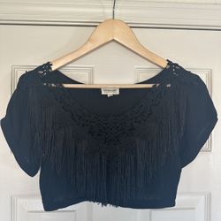 Cotton Candy Black Cropped Western Boho Boutique Medium Top Shirt Blouse fringe