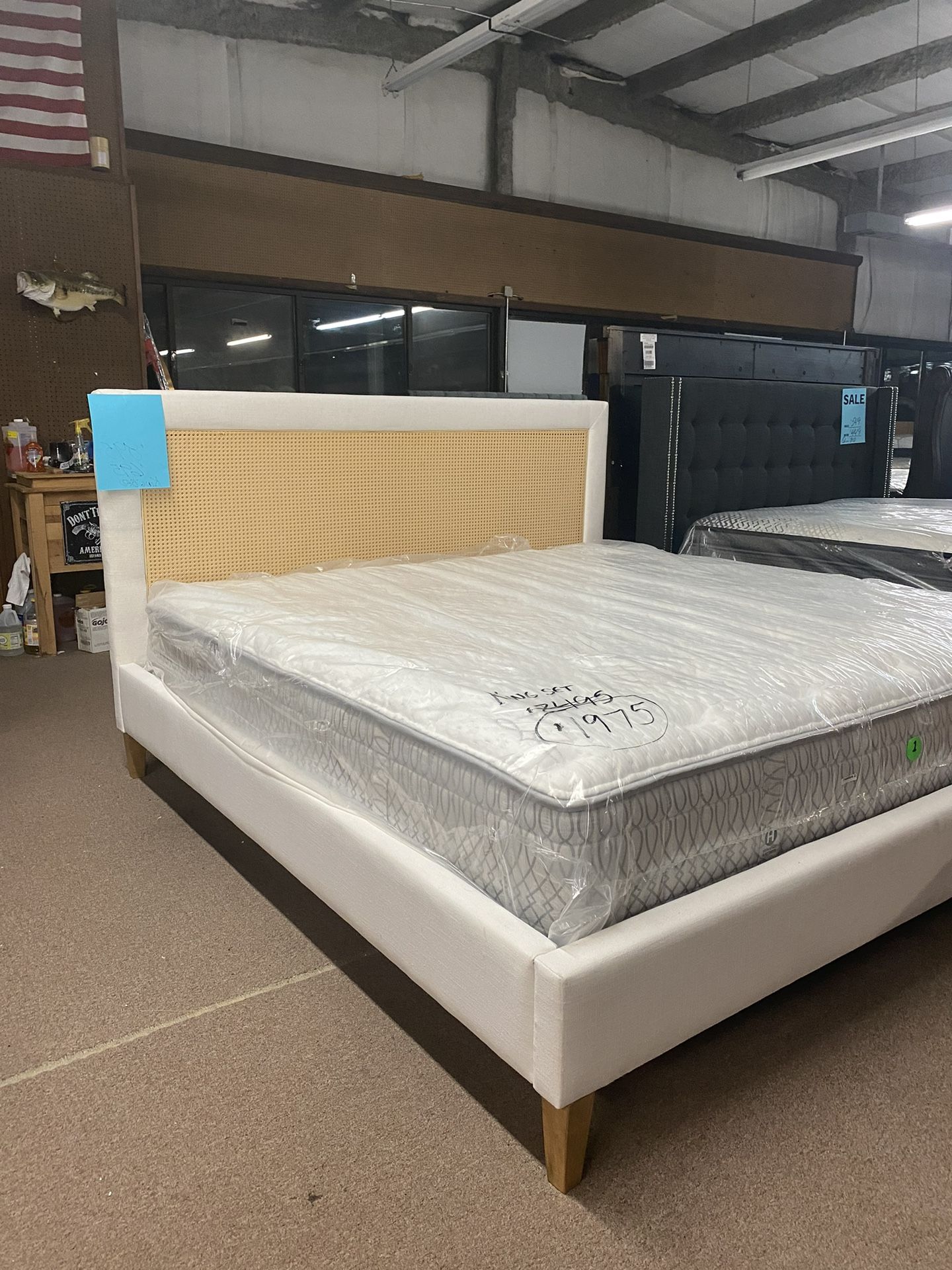 Jennifer Taylor Home Haley Upholstered Cane Back Platform Bed King Eggshell White Linen