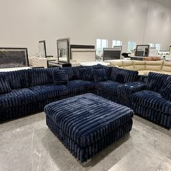 Sectional sofa fluffy blue oversize with Bluetooth speaker on sale for: