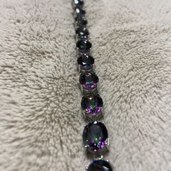 45.00CTW Blue Mystic Topaz Rhodium 925 Sterling Silver Tennis Bracelet Size 7”