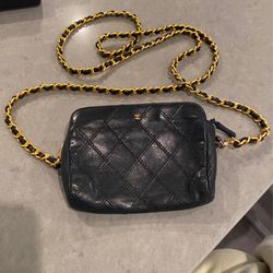 Authentic CHANEL black Quilted Lamb skin Leather Cosmetic Pouch Bag