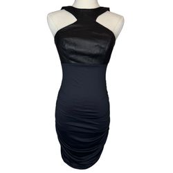 LaPina by David Helwani Leather and Black Ruched Bodycon Dress Small