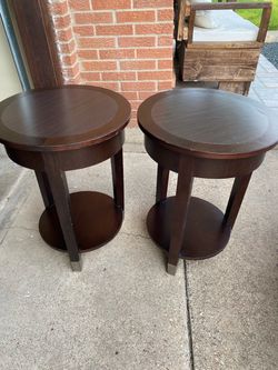 Pair of Round Dark Wood End Tables