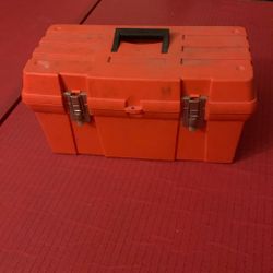 Bright Orange Old Vintage Tool Box With Tools