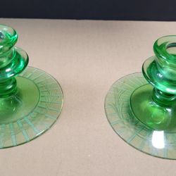 Vintage Depression Uranium Vaseline Candlesticks With Floral  Etching