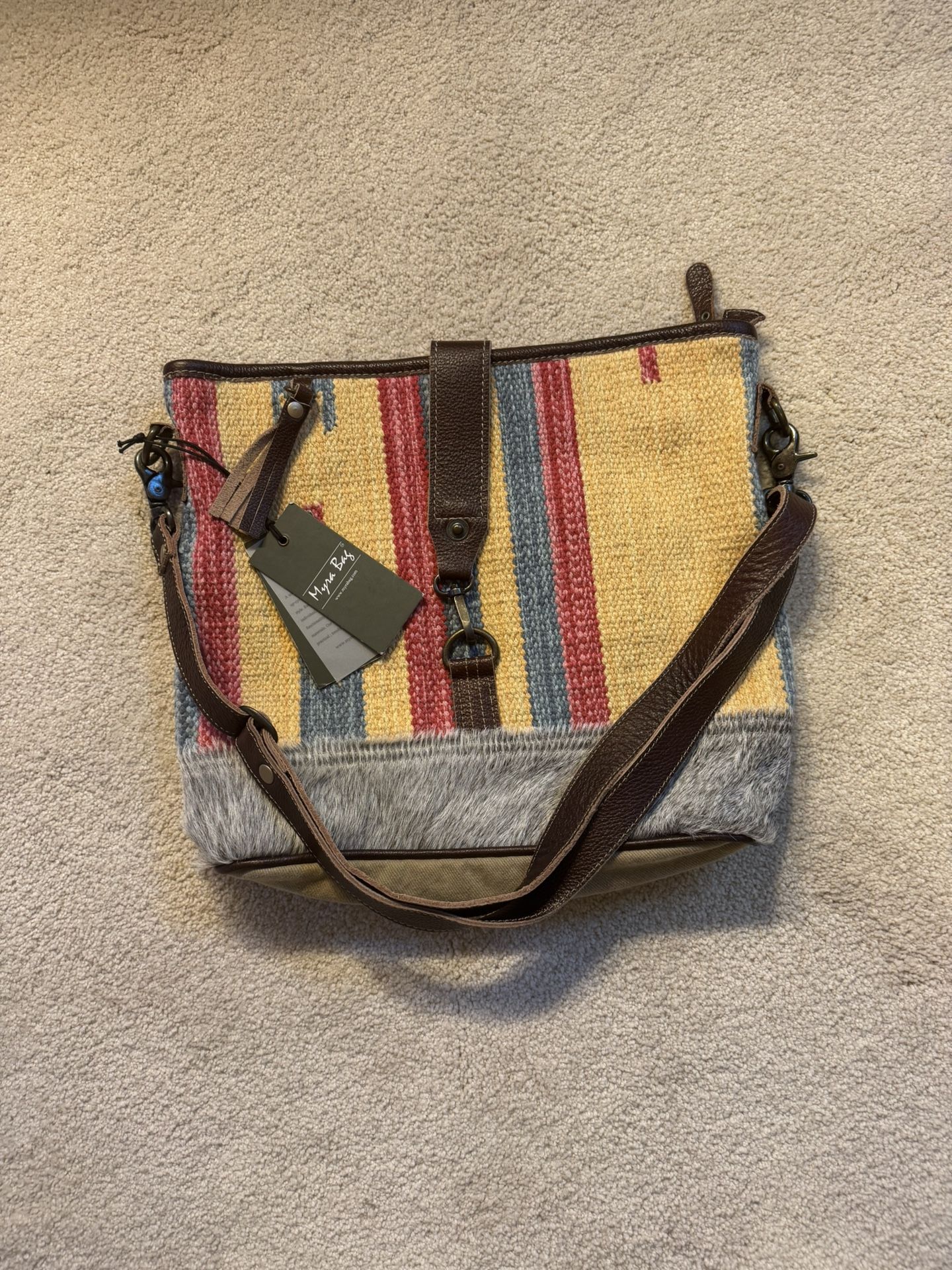 Yellow Stripe Shoulder Bag-Recycled Canvas, Rug+Hair-On Hide-Zips Closed-Pocketsb