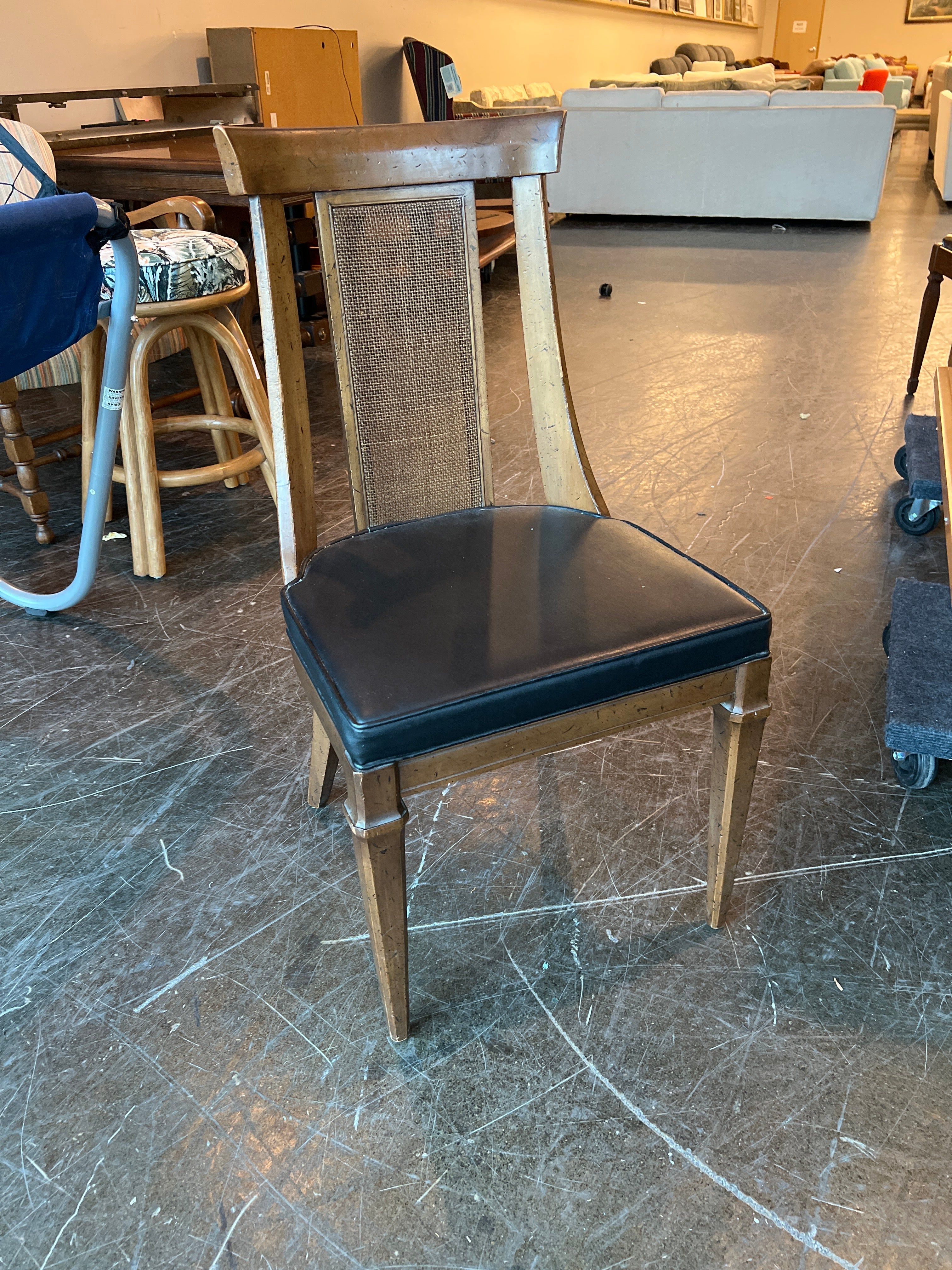 Classic Wood Cane Back Dining Chair with Black Upholstered Seat