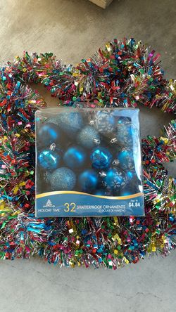 Rainbow Triple Frost Tinsel Garland, (10') And SHATTERPROOF Ornaments
