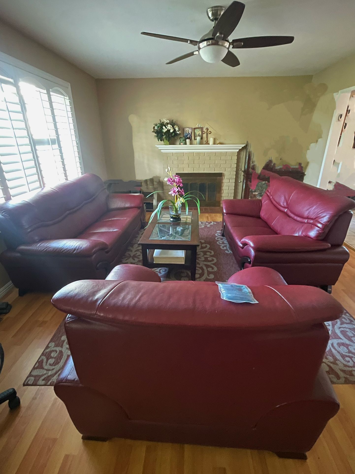 3 Pieces Sofa Set Leather Burgundy Color