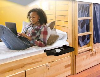 Modern Innovations Bedside Shelf for Bed, College Dorm Room, Bunk Bed Shelf/Caddy for Top Bunk, Clip On Nightstand Tray with Cord and Cup Holder for T