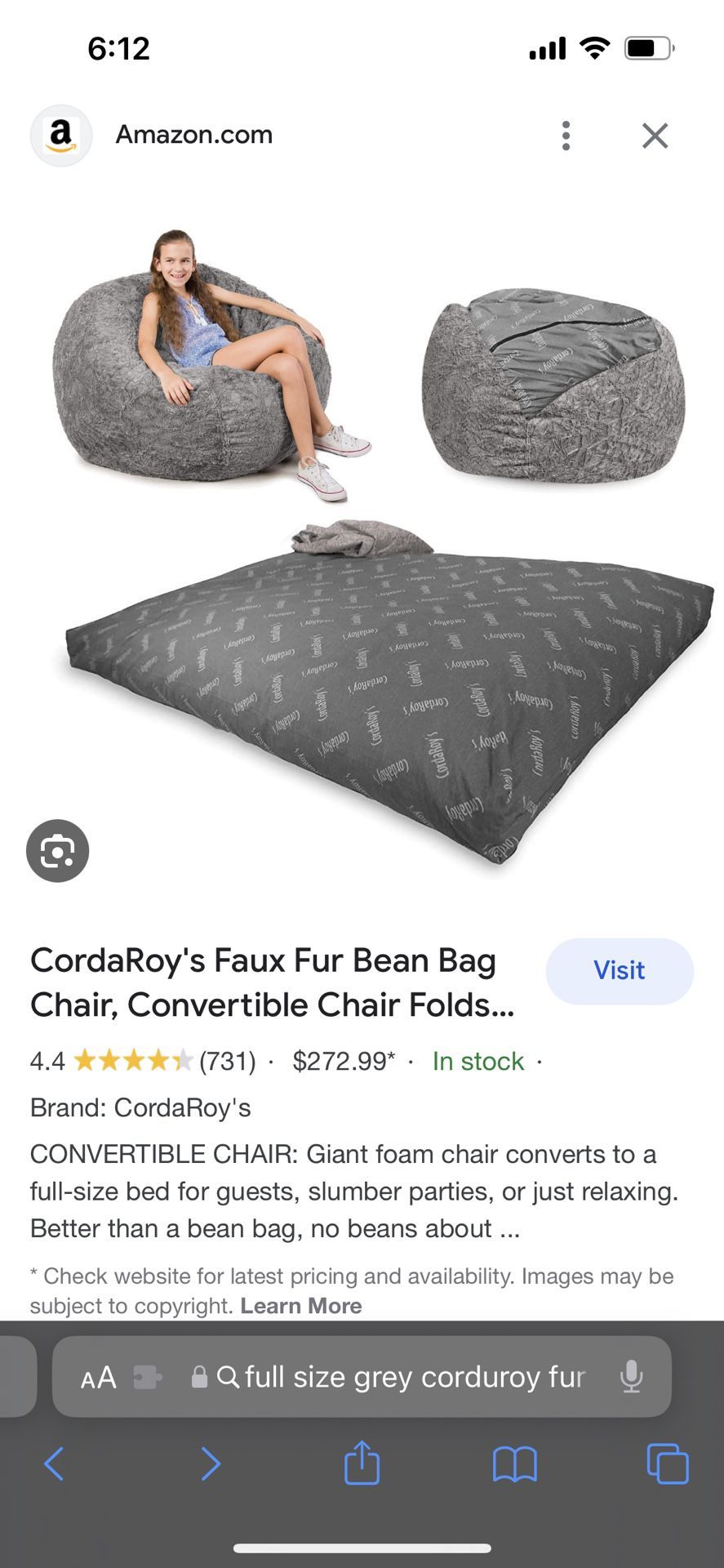 Convertible Bean Bag To Full Size Bed Cordaroy
