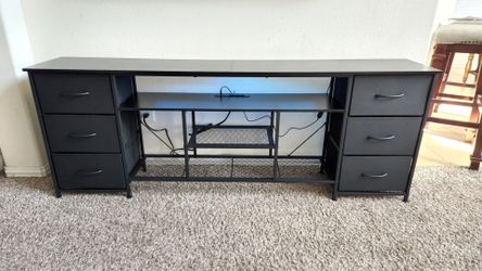 Black Metal and Wooden Up to 80" TV Stand/Entertainment Center with Shelves, Drawers, LED Lights and Charging Station