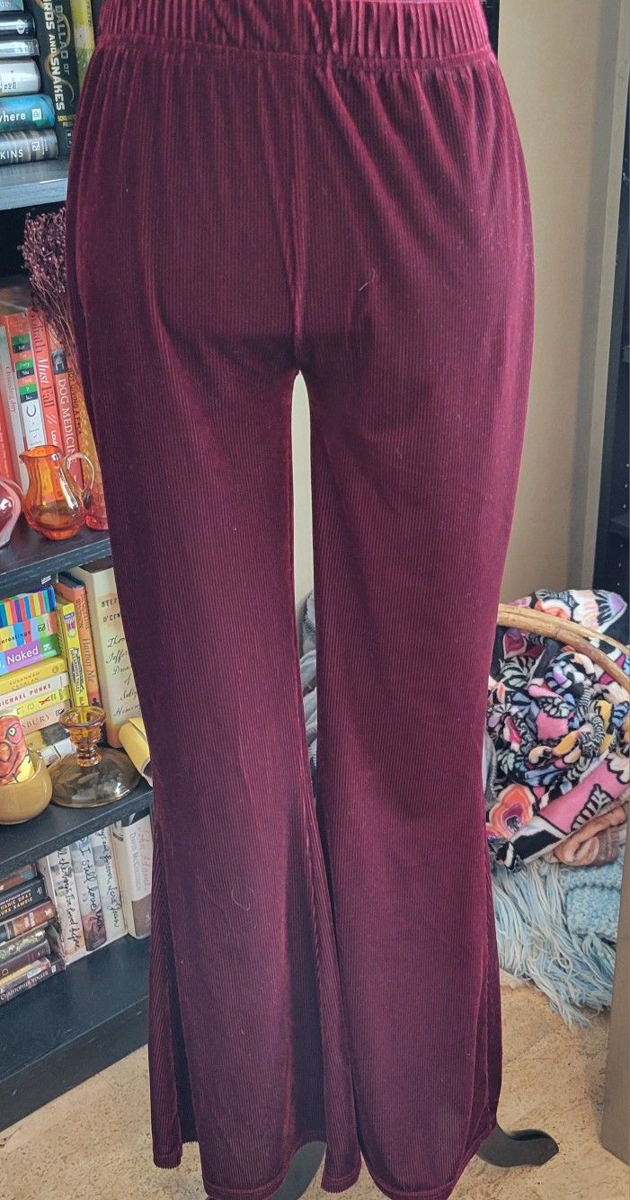 Burgundy Flare Bellbottom Leggings High Waist Vertical Stripe Women Size Medium