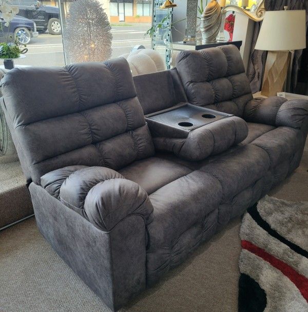 Grey Reclining Sofa with Drop Down Table