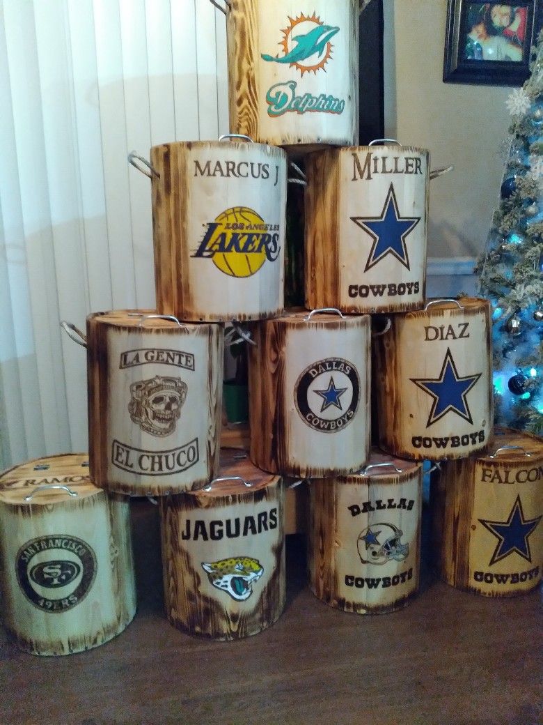 Custom Wooden Coolers NFL, NBA, CFL, SOCCER, AND BUSINESS LOGOS with custom First and Last names on Coolers. Customization is laser engraved π₯