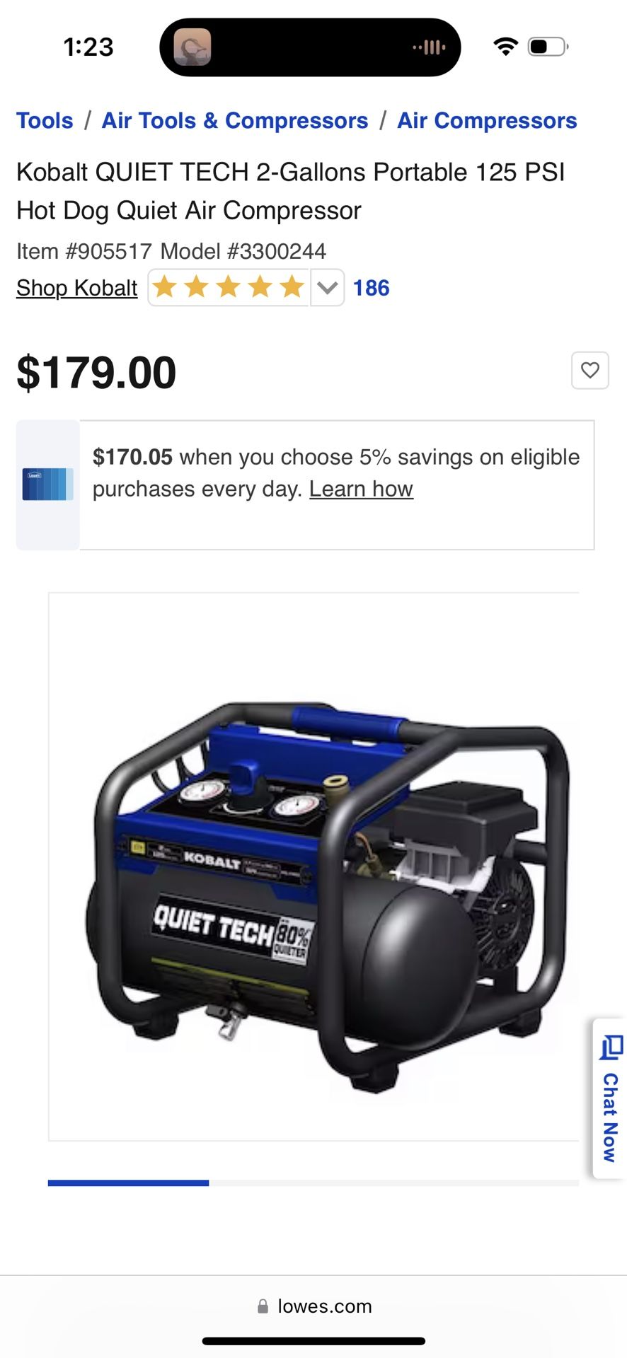 Lowe’s Kobalt Quiet Tech 2 Gallon 125 PSI Hot Dog Air Compressor for
