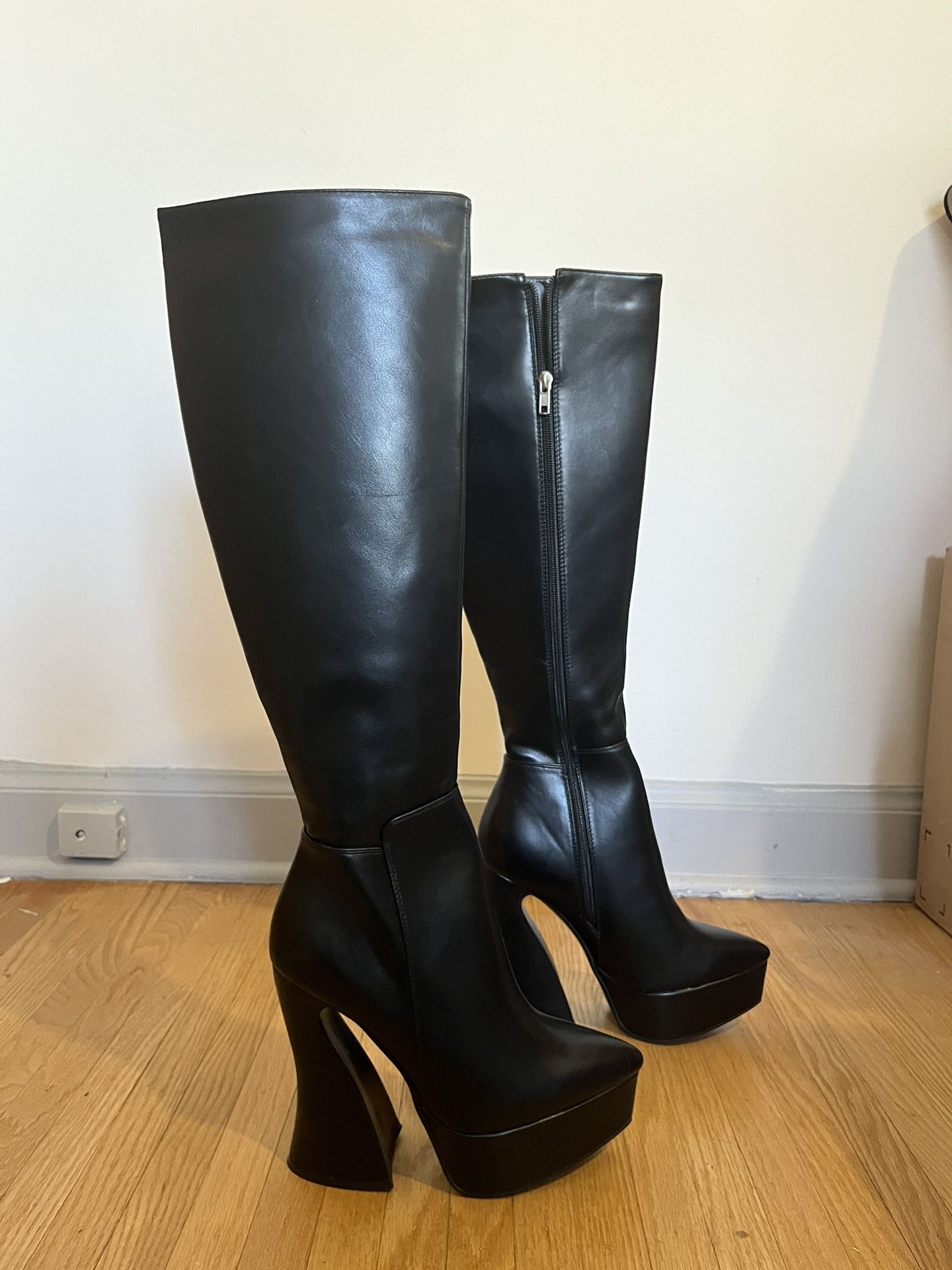Knee Length Platform Boots, Black, US Size 9