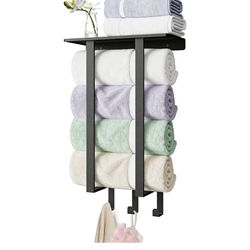 Towel Racks for Bathroom, Towel Rack with Shelf and 3 Hooks, Towel Storage Holders Wall for Rolled Bath Towels, Black Amazon's Choice