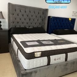 Grey Velvet Bed Frame With Slate Copper Pillowtop Mattress In Queen Size 
