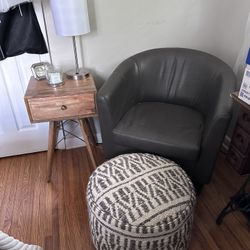 Chair, World Market Pouf Ottoman, and Side Table 
