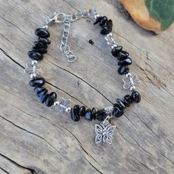 Black Onyx Crystal Butterfly Charm Adjustable Bracelet 