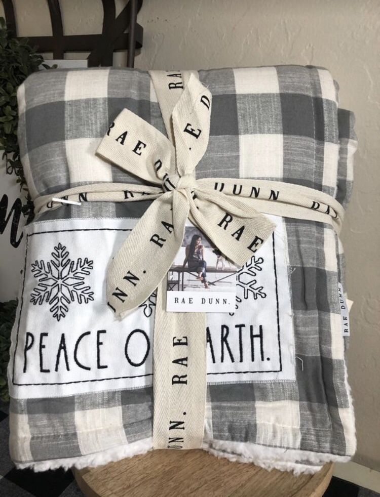 Rae Dunn Christmas PEACE ON EARTH Gray THROW Buffalo Plaid Blanket