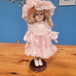 16" Blonde Porcelain Doll ~ Blue Eyes, Pink Dress With Hat, Stand Included