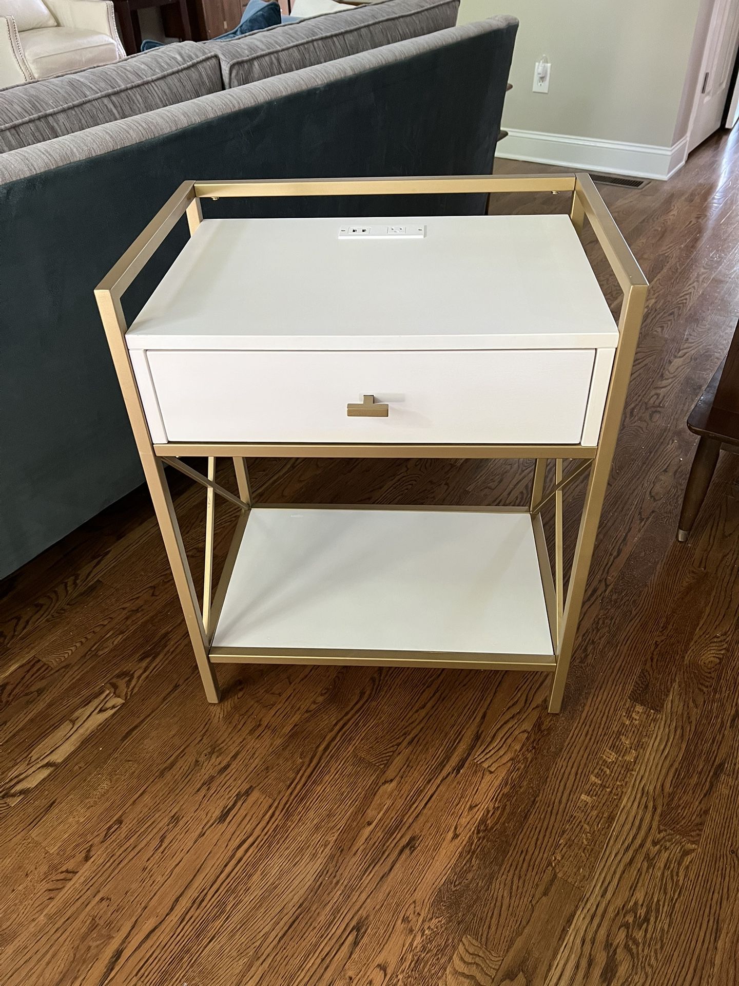 BEDSIDE TABLE END BED SIDE w/ DRAWER & SHELF - WHITE & GOLD- usb / ac plugs Solid wood. Soft close drawer. Heavy. * Length: 24 * Width: 18 *